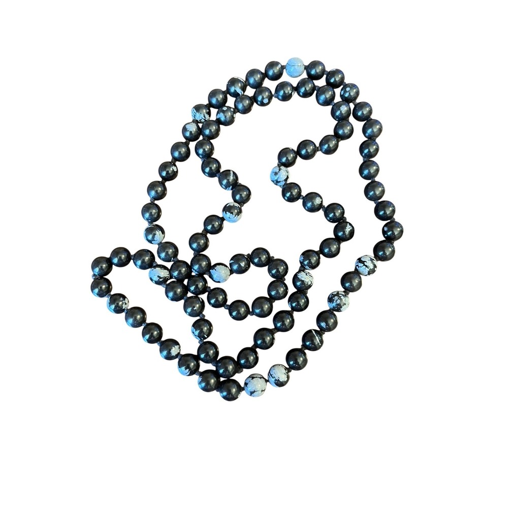 Snowflake Obsidian Hand Knotted Bead Necklace Black Grey Gemstone 32 Inch Strand